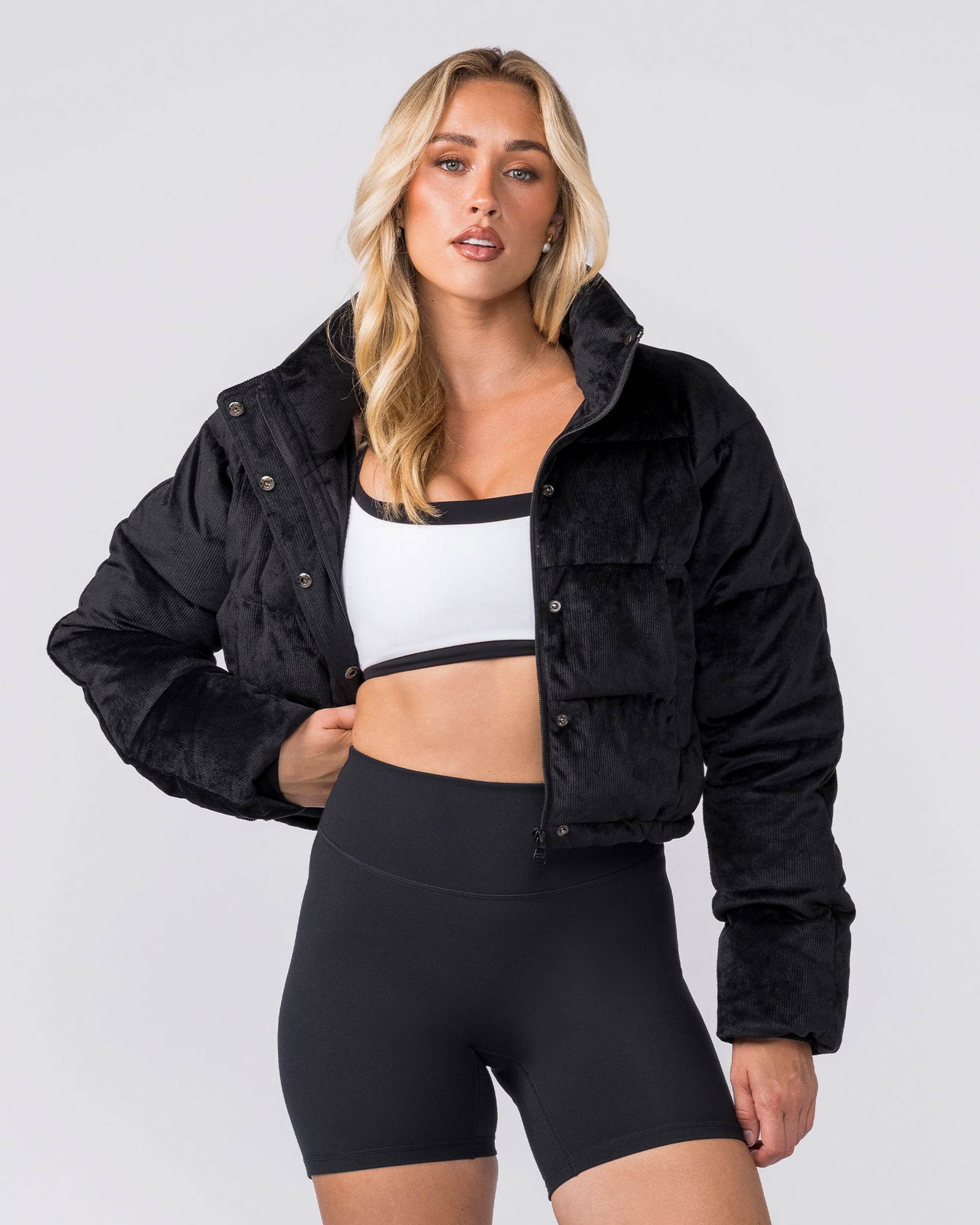 Cord Puffer Jacket - Black